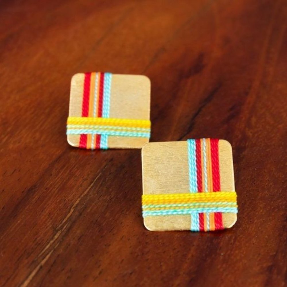 Handmade?new earrings gold plated 24k  red blue orange thread new square